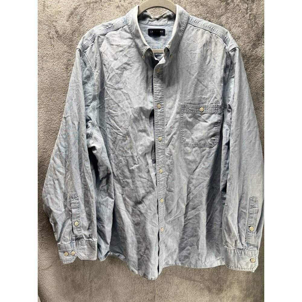 Vtg 90s Lands End Mens 2XL XXL Chambray Cotton Collared Button Down Shirt Blue